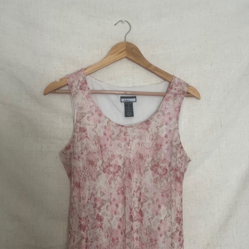 Vintage Believe Floral Pink Beige Sheer Ruffle Hem Dress Women's Size 10 - Picture 4 of 8